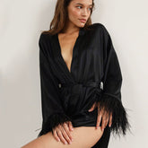 Robe Feather Langarm Pyjamas Cardigan Casual Kunstseide Casual Solid Color Home Wear